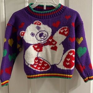 Vintage 90’s J.J. Poole Purple Knit Sweater Bear & Hearts Made in USA 2T/3T?